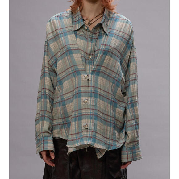R13 Double Front Shirt in Cream/Light Blue Plaid NWT Size XS - Picture 1 of 8